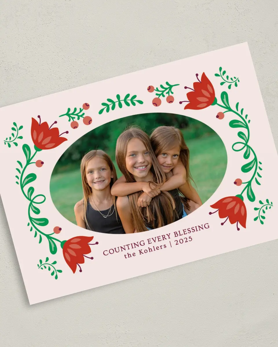 This is a 5" x 7" Christmas Card called Counting Every Blessing printed in full color on Premium Smooth paper