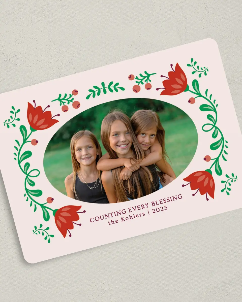 This is a 5" x 7" Christmas Card called Counting Every Blessing printed in full color with Silver foil on Soft Suede (coated) paper