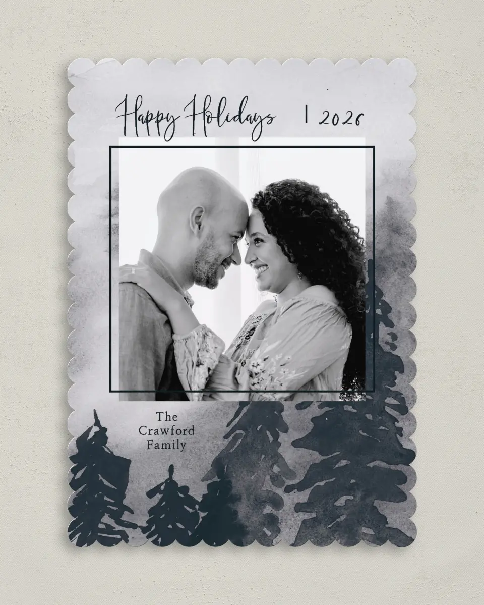 This is a 5" x 7" Christmas Card called Watercolor Woods printed in full color on Premium Smooth paper on Premium Smooth paper on Premium Smooth paper