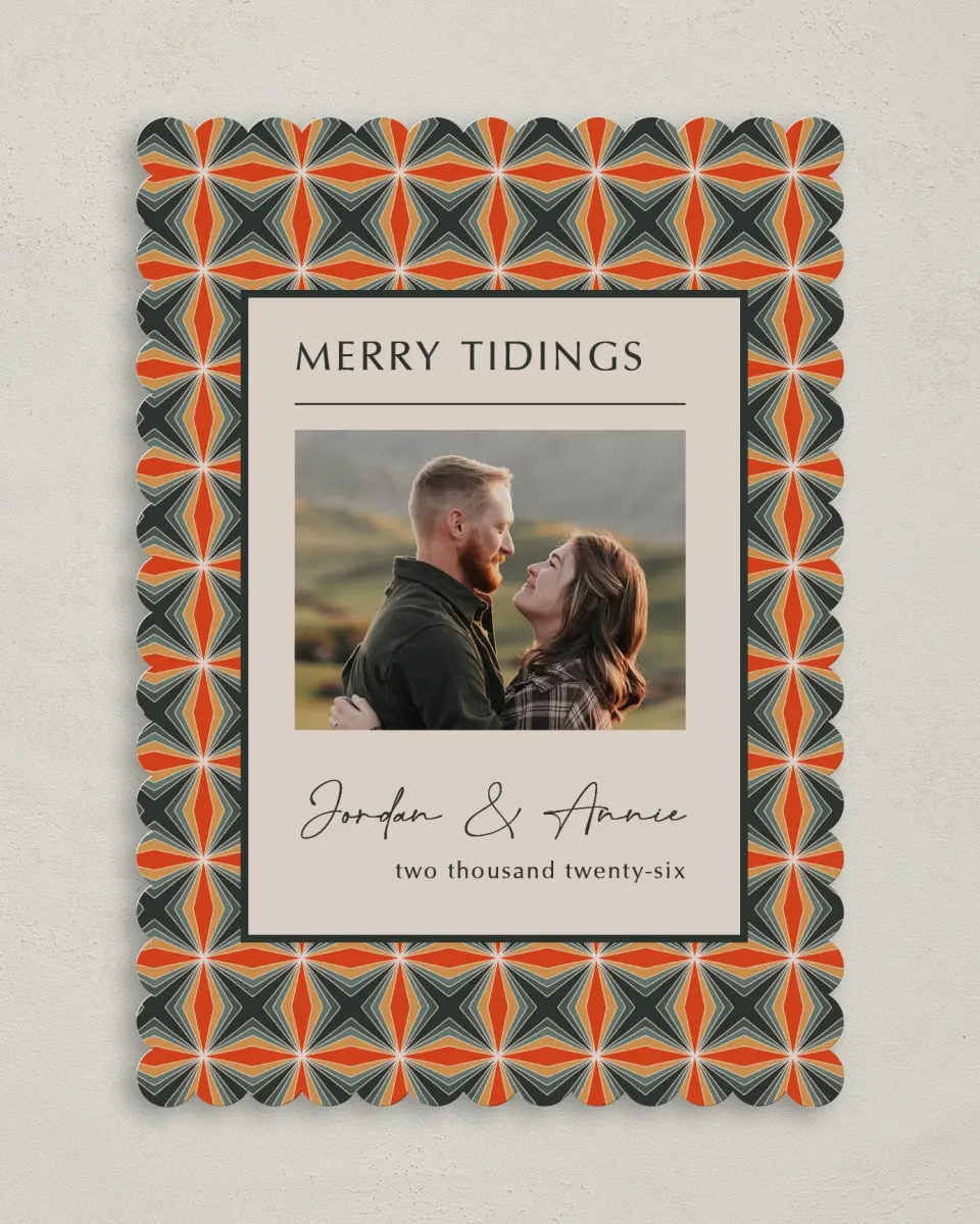 This is a 5" x 7" Christmas Card called Retro Regards printed in full color on Premium Smooth paper on Premium Smooth paper on Premium Smooth paper