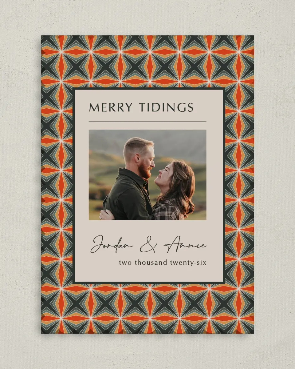 This is a 5" x 7" Christmas Card called Retro Regards printed in full color on Premium Smooth paper on Premium Smooth paper on Premium Smooth paper