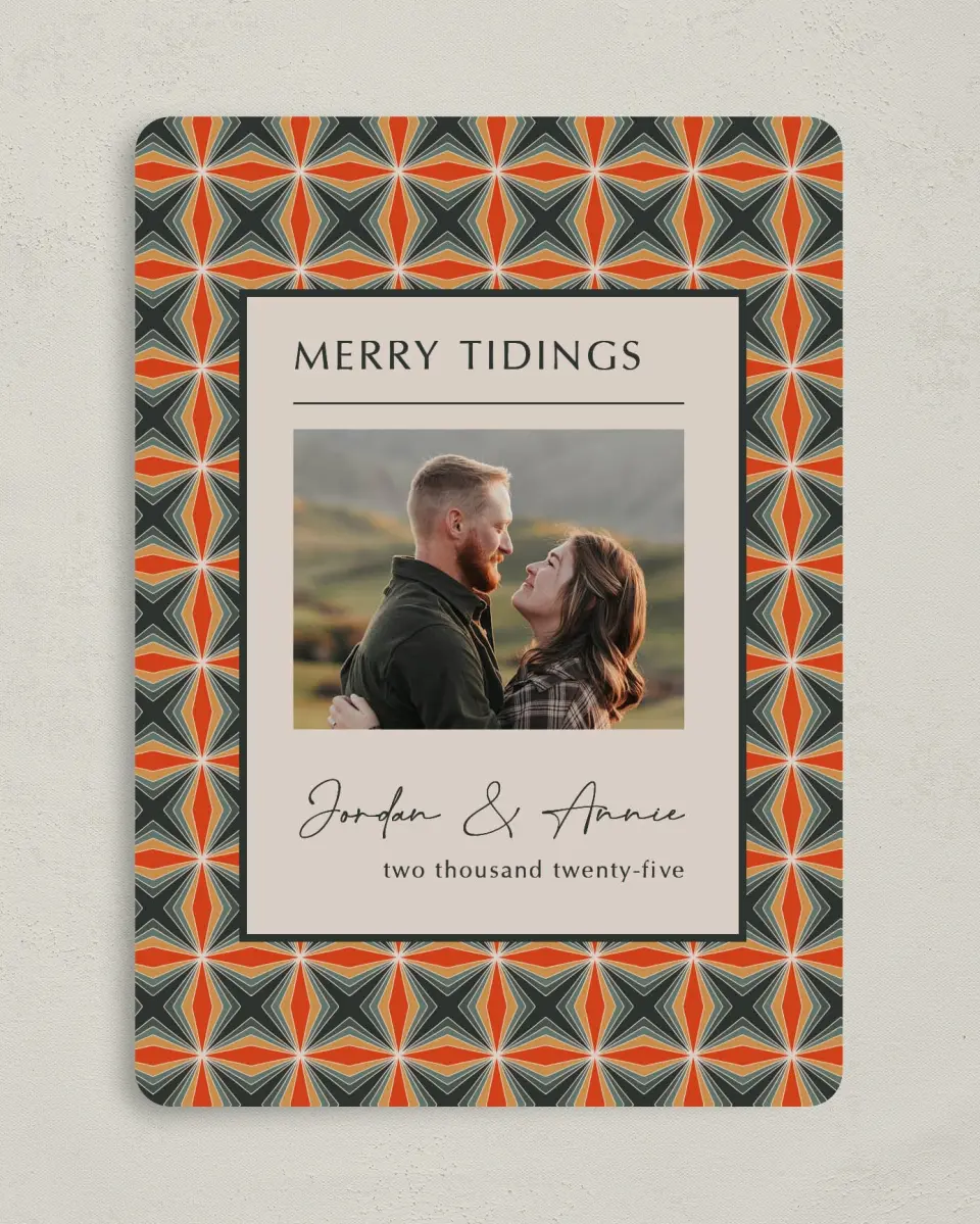 This is a 5" x 7" Christmas Card called Retro Regards printed in full color with Gold foil on Soft Suede (coated) paper