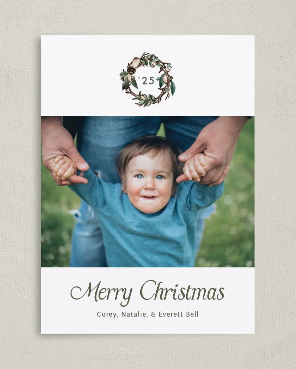 This is a 5" x 7" Christmas Card called Antler Wreath printed in full color on Premium Smooth paper