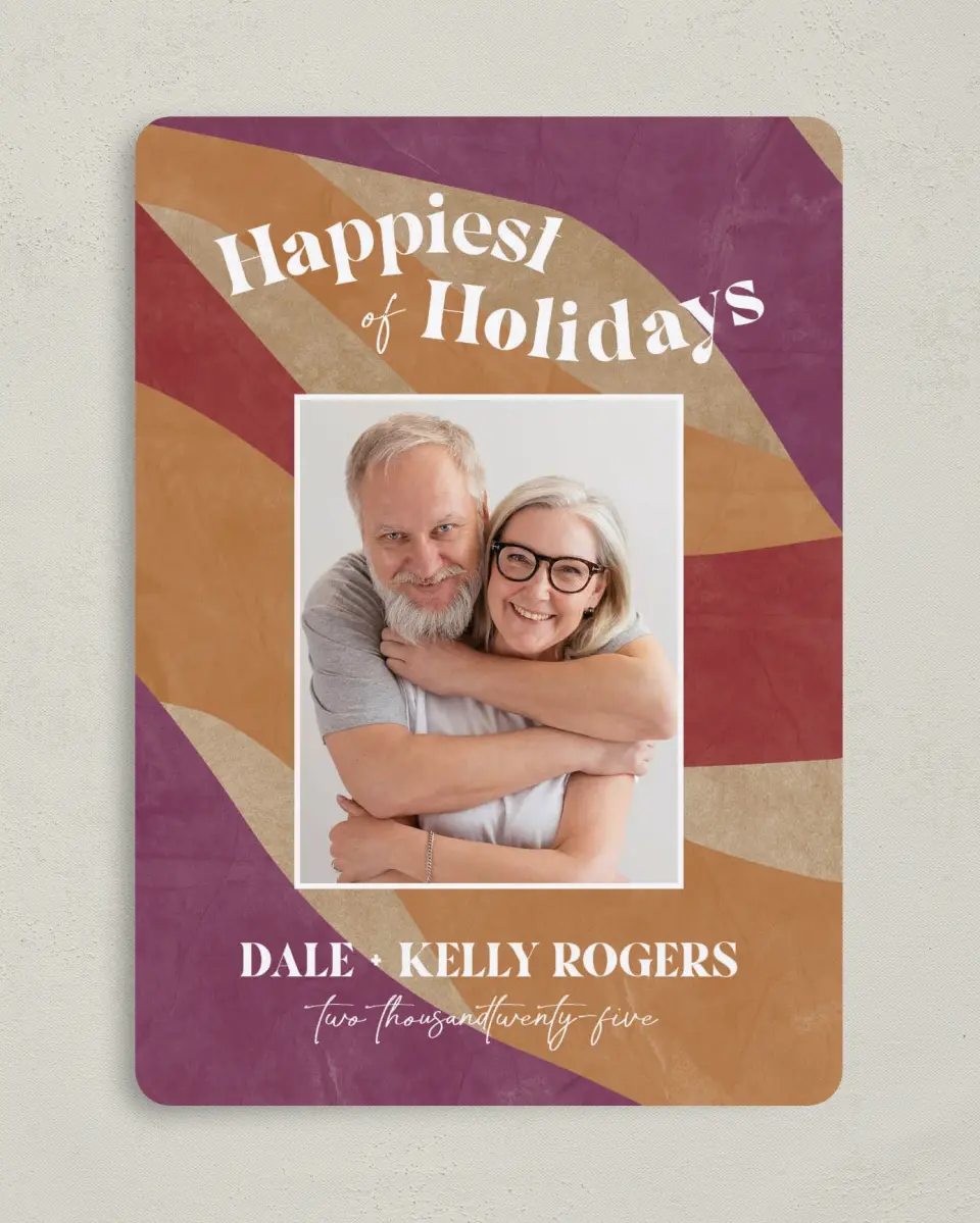 This is a 5" x 7" Christmas Card called Cheerful Contour printed in full color with Rose Gold foil on Soft Suede (coated) paper
