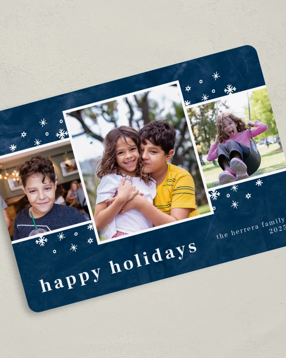 This is a 5" x 7" Christmas Card called Softly Snowing printed in full color with Rose Gold foil on Soft Suede (coated) paper