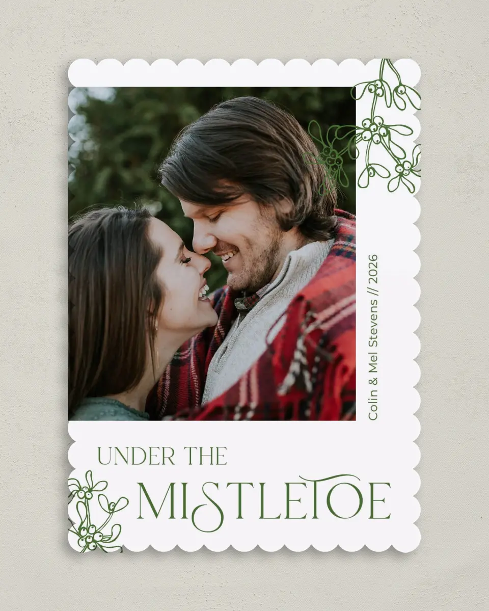 This is a 5" x 7" Christmas Card called Under the Mistletoe printed in full color on Premium Smooth paper on Premium Smooth paper on Premium Smooth paper