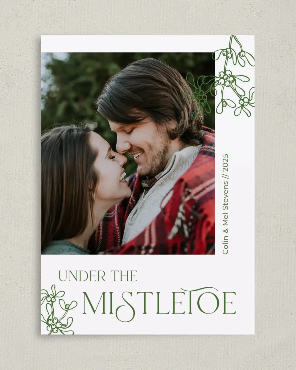 This is a 5" x 7" Christmas Card called Under the Mistletoe printed in full color on Premium Smooth paper