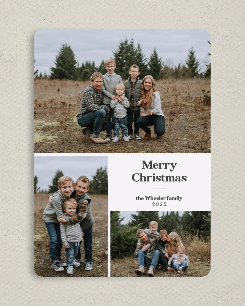 This is a 5" x 7" Christmas Card called Seasonal Snapshots printed in full color with Rose Gold foil on Soft Suede (coated) paper
