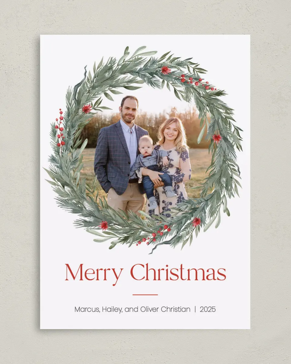 This is a 5" x 7" Christmas Card called Winterberry Wreath printed in full color on Premium Smooth paper