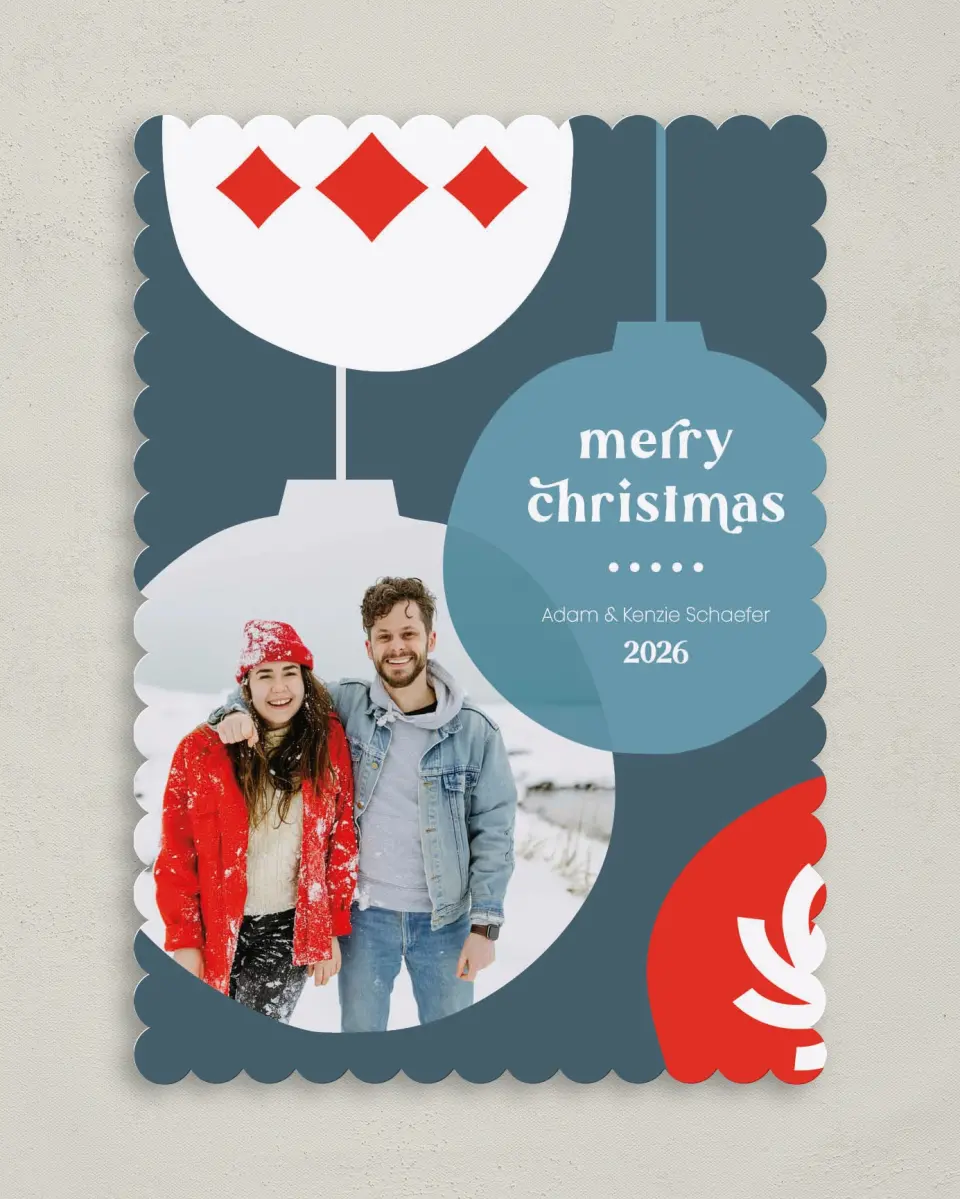 This is a 5" x 7" Christmas Card called Funky Ornaments printed in full color on Premium Smooth paper on Premium Smooth paper on Premium Smooth paper