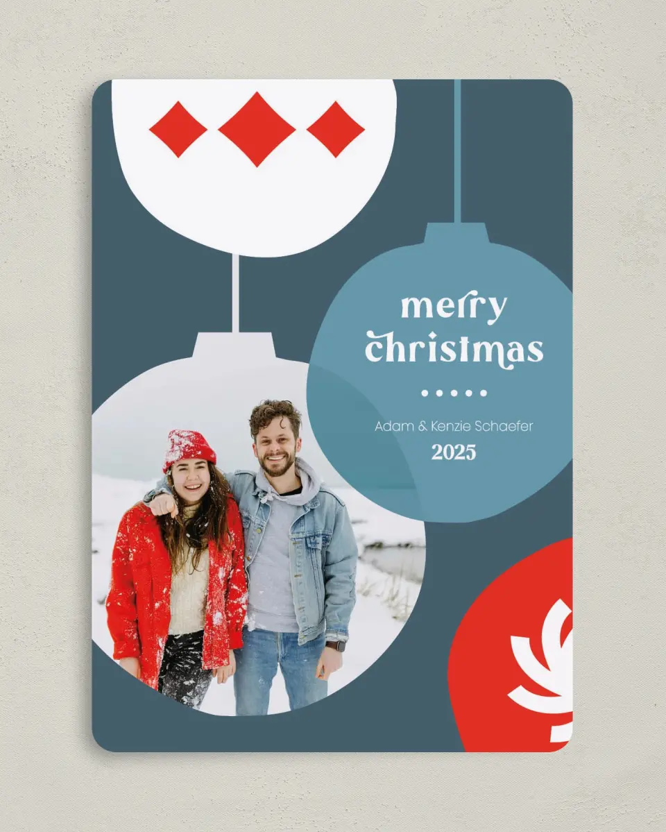 This is a 5" x 7" Christmas Card called Funky Ornaments printed in full color on Premium Smooth paper