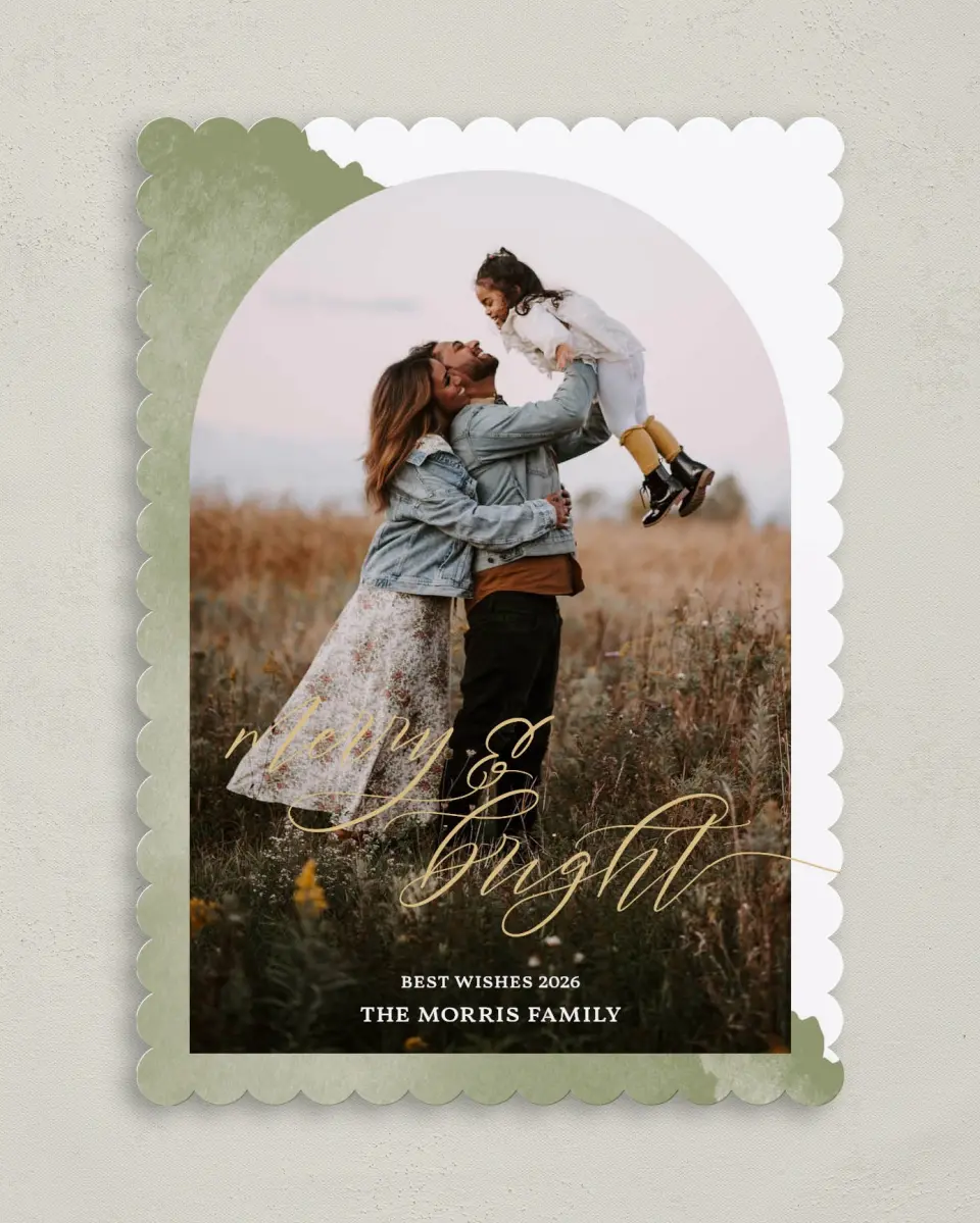 This is a 5" x 7" Christmas Card called Watercolor Arch printed in full color on Premium Smooth paper on Premium Smooth paper on Premium Smooth paper
