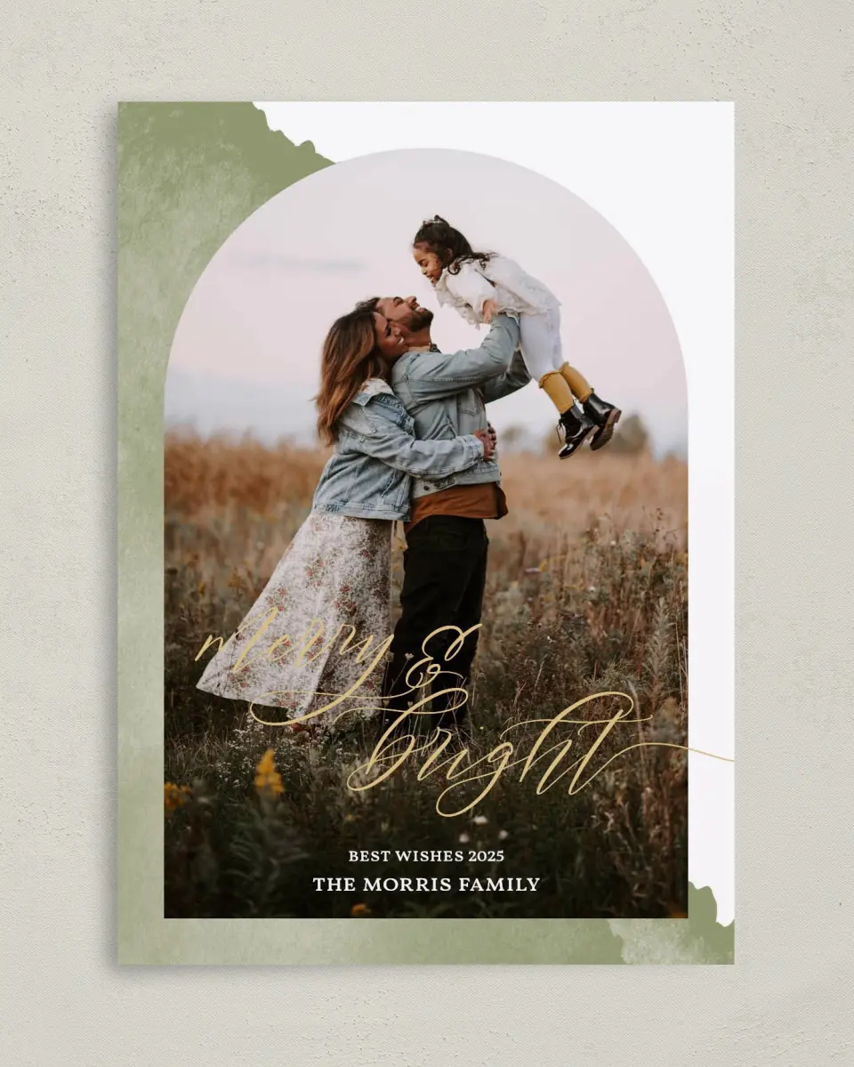 This is a 5" x 7" Christmas Card called Watercolor Arch printed in full color on Premium Smooth paper