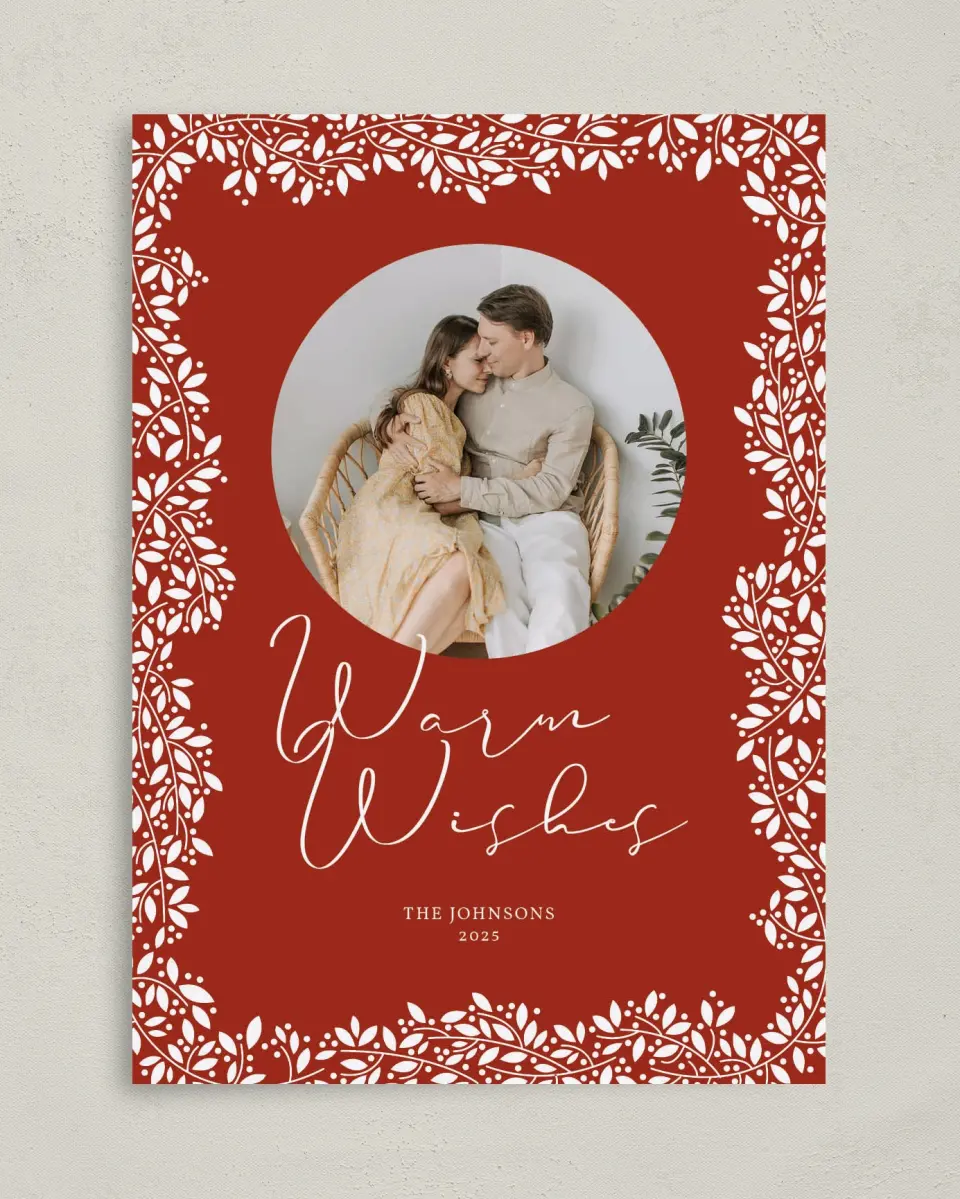This is a 5" x 7" Christmas Card called Botanical Wishes printed in full color with Silver foil on Soft Suede (coated) paper