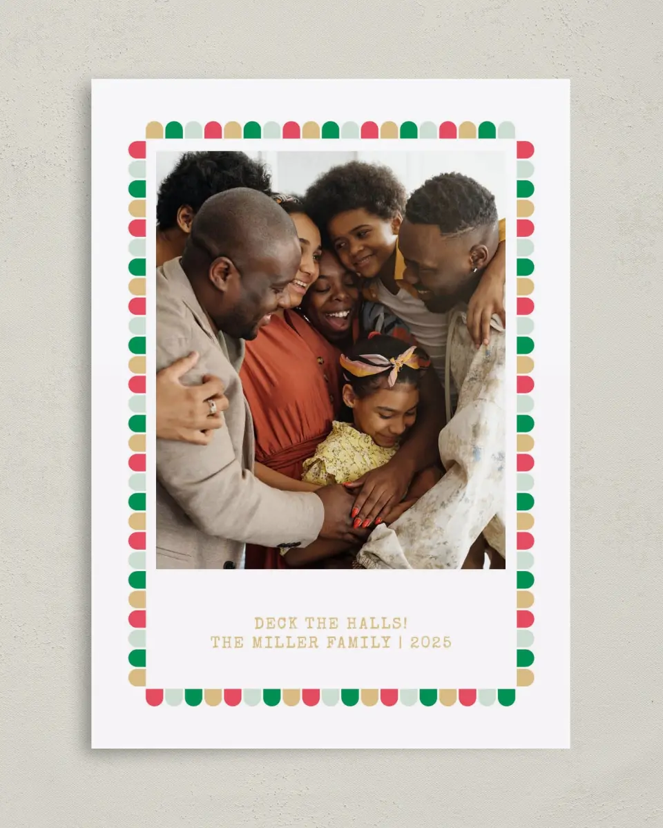 This is a 5" x 7" Christmas Card called Colorful Trim printed in full color on Premium Smooth paper