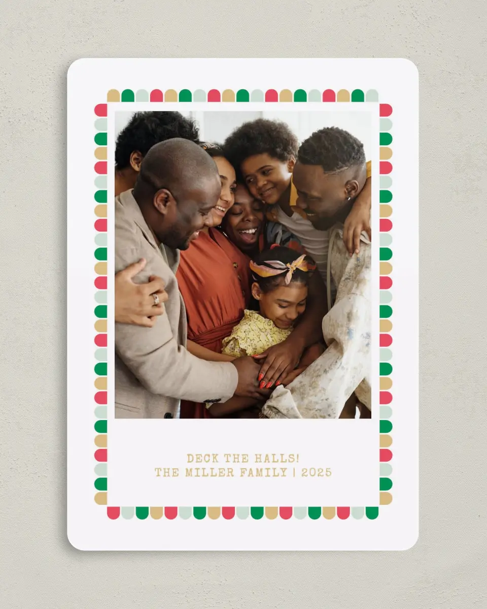This is a 5" x 7" Christmas Card called Colorful Trim printed in full color on Premium Smooth paper
