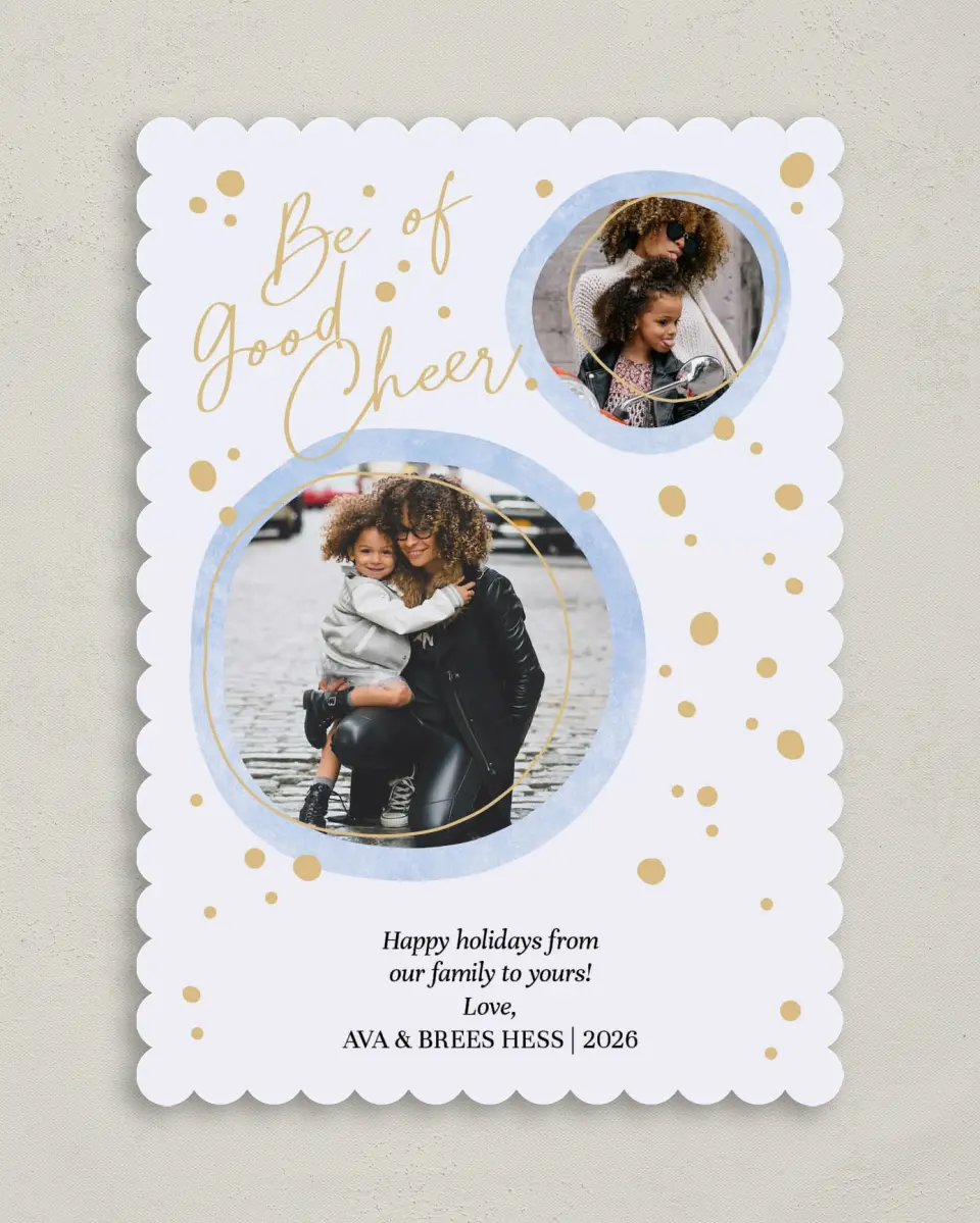 This is a 5" x 7" Christmas Card called Cheerful Bubbles printed in full color on Premium Smooth paper on Premium Smooth paper on Premium Smooth paper