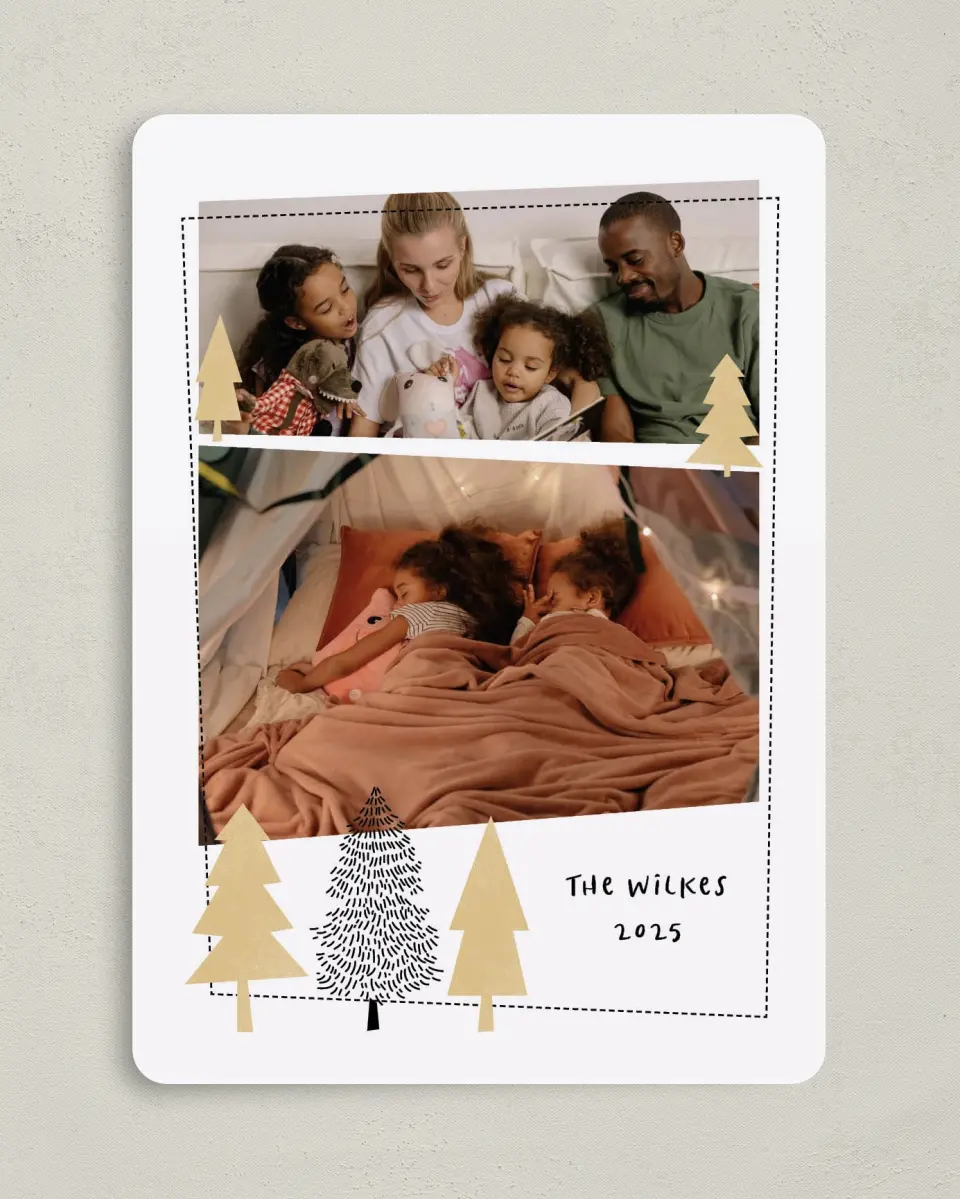 This is a 5" x 7" Christmas Card called Sweet Forest printed in full color with Silver foil on Soft Suede (coated) paper