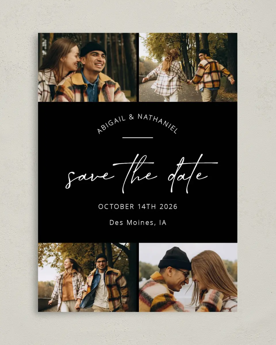 This is a 5" x 7" Save the Date Card called Tidy Time printed in full color on Premium Smooth paper