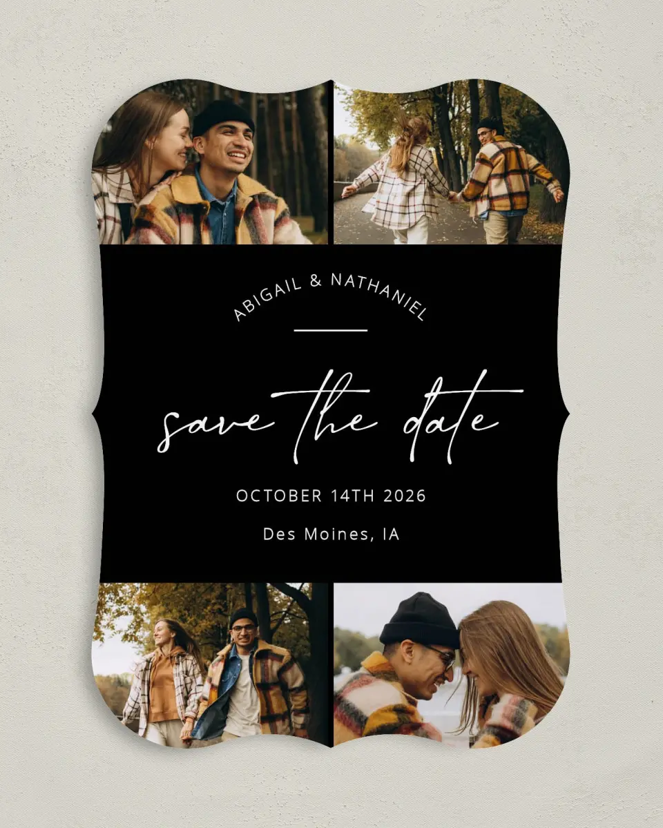 This is a 5" x 7" Save the Date Card called Tidy Time printed in full color on Premium Smooth paper