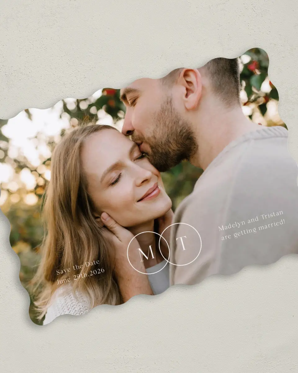 This is a 5" x 7" Save the Date Card called Bright Initials printed in full color on Premium Smooth paper