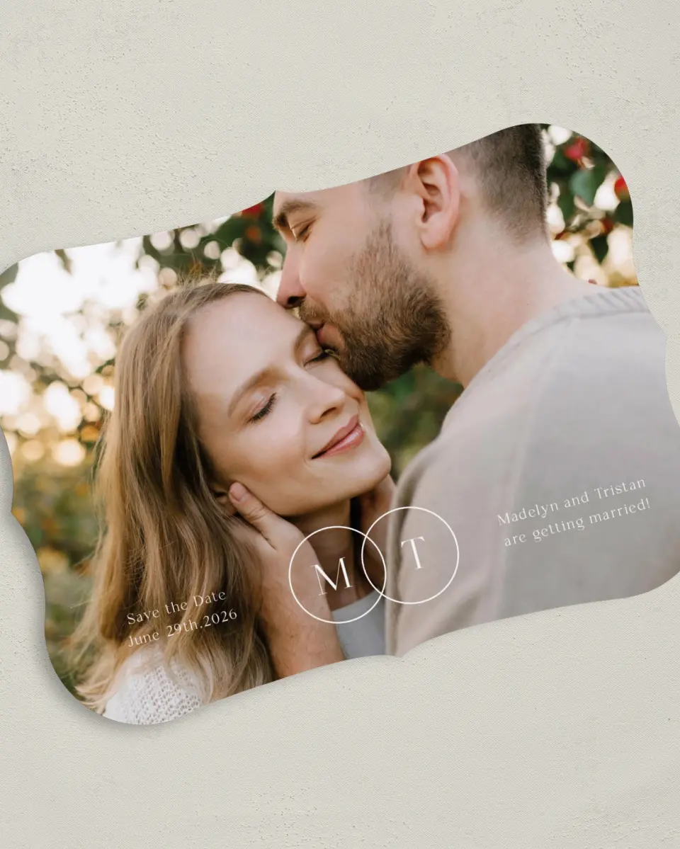 This is a 5" x 7" Save the Date Card called Bright Initials printed in full color on Premium Smooth paper