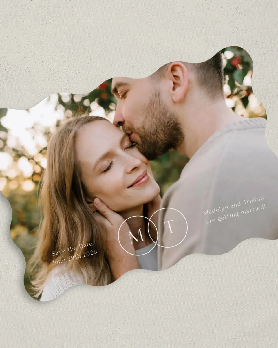 This is a 5" x 7" Save the Date Card called Bright Initials printed in full color on Premium Smooth paper