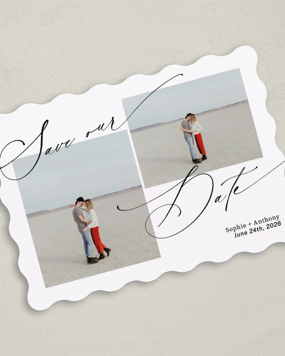 This is a 5" x 7" Save the Date Card called Graceful Script printed in full color on Premium Smooth paper