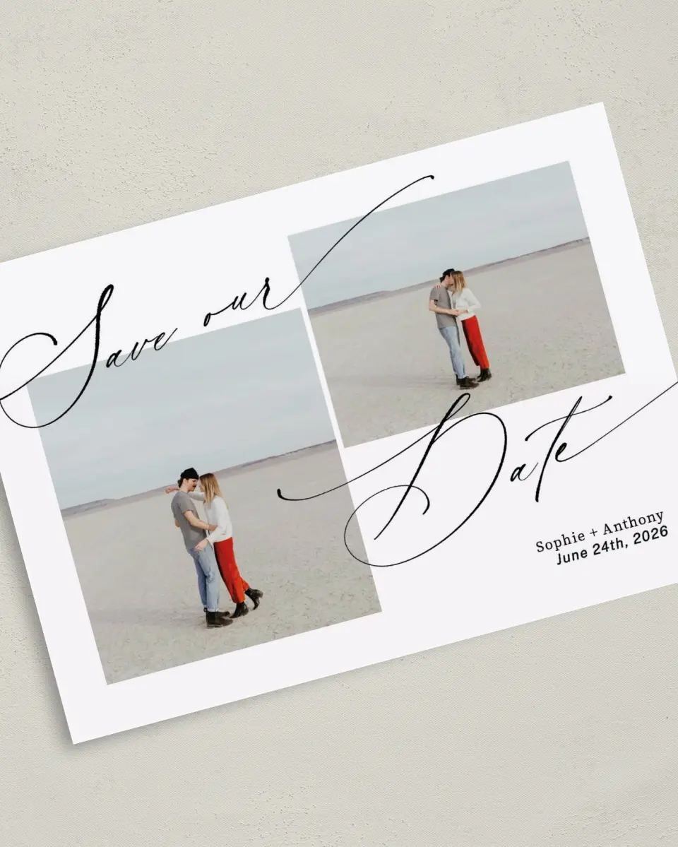 This is a 5" x 7" Save the Date Card called Graceful Script printed in full color on Premium Smooth paper