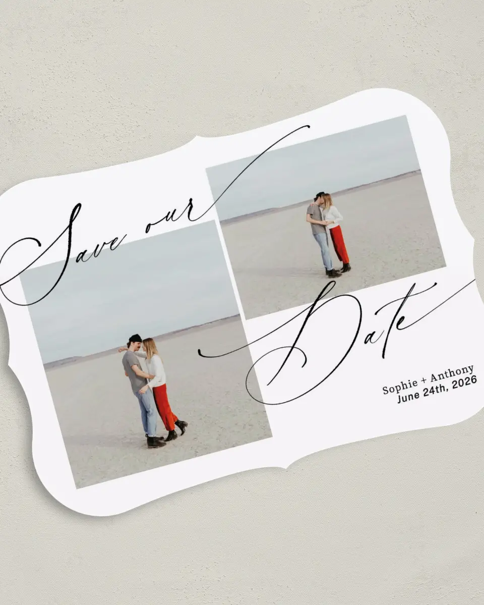 This is a 5" x 7" Save the Date Card called Graceful Script printed in full color on Premium Smooth paper