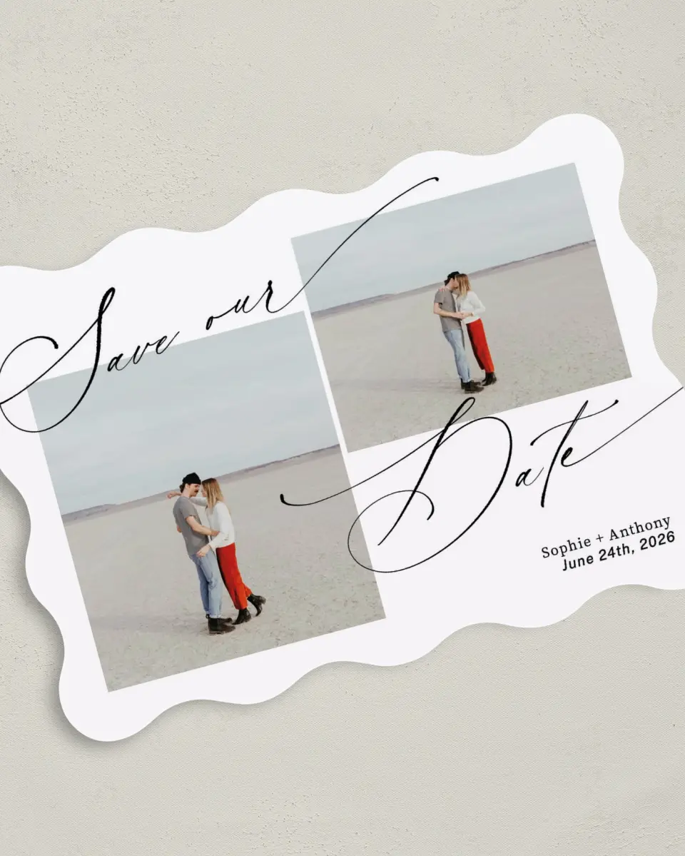 This is a 5" x 7" Save the Date Card called Graceful Script printed in full color on Premium Smooth paper