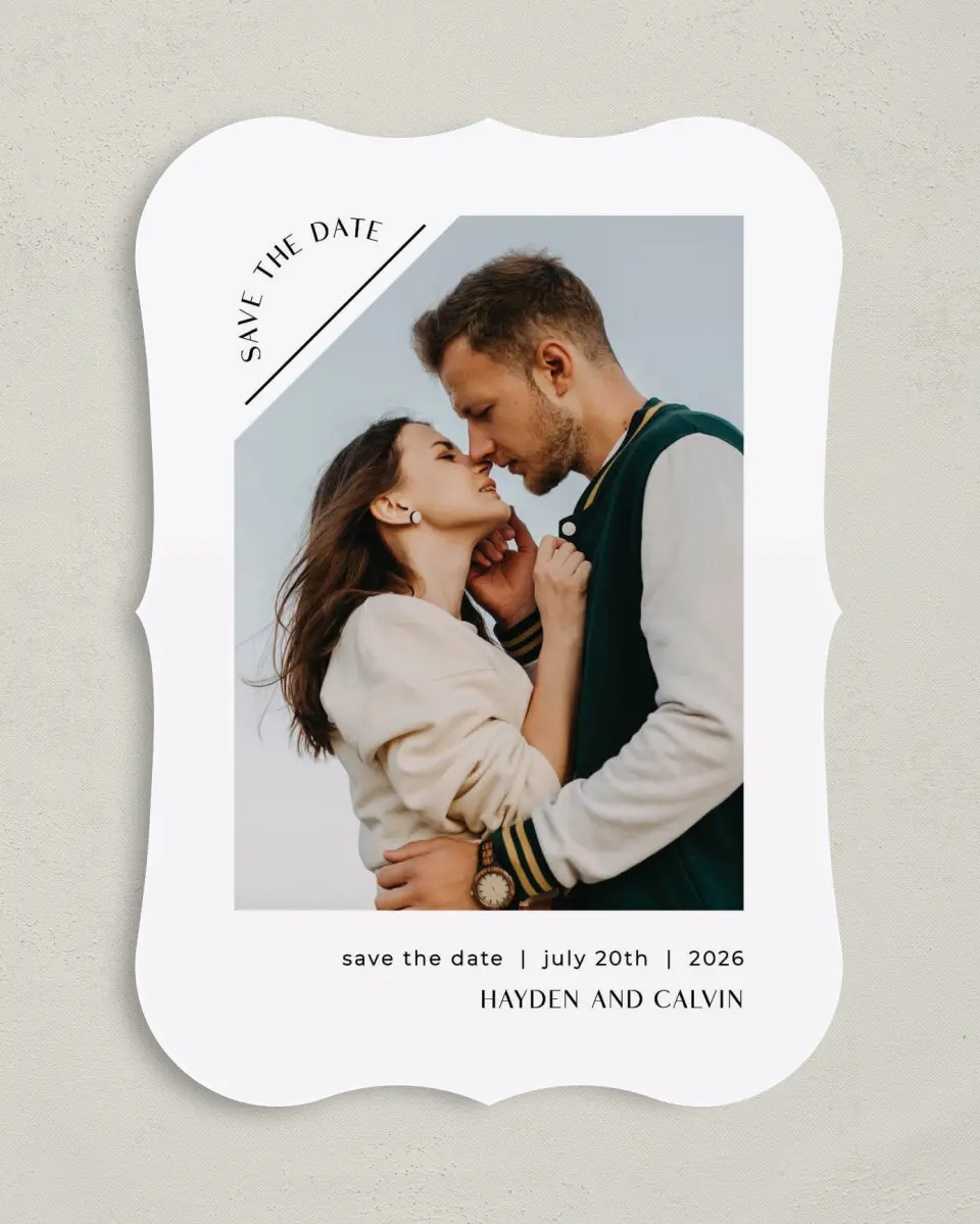 This is a 5" x 7" Save the Date Card called Neat Niche printed in full color on Premium Smooth paper