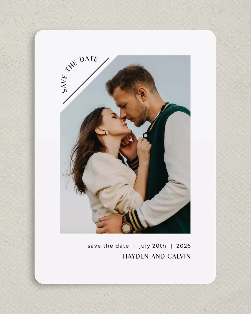 This is a 5" x 7" Save the Date Card called Neat Niche printed in full color on Premium Smooth paper