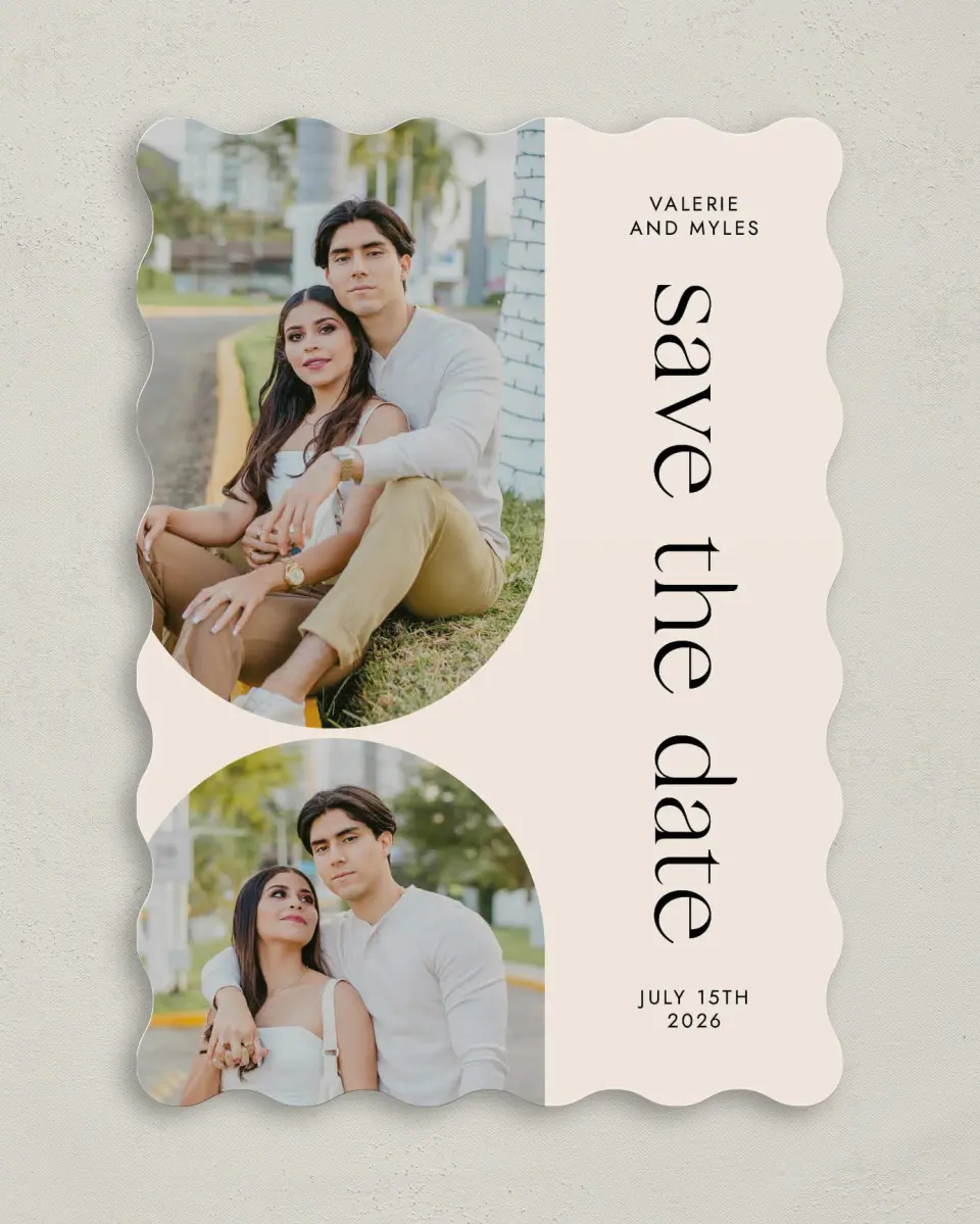 This is a 5" x 7" Save the Date Card called Spotless Curve printed in full color on Premium Smooth paper