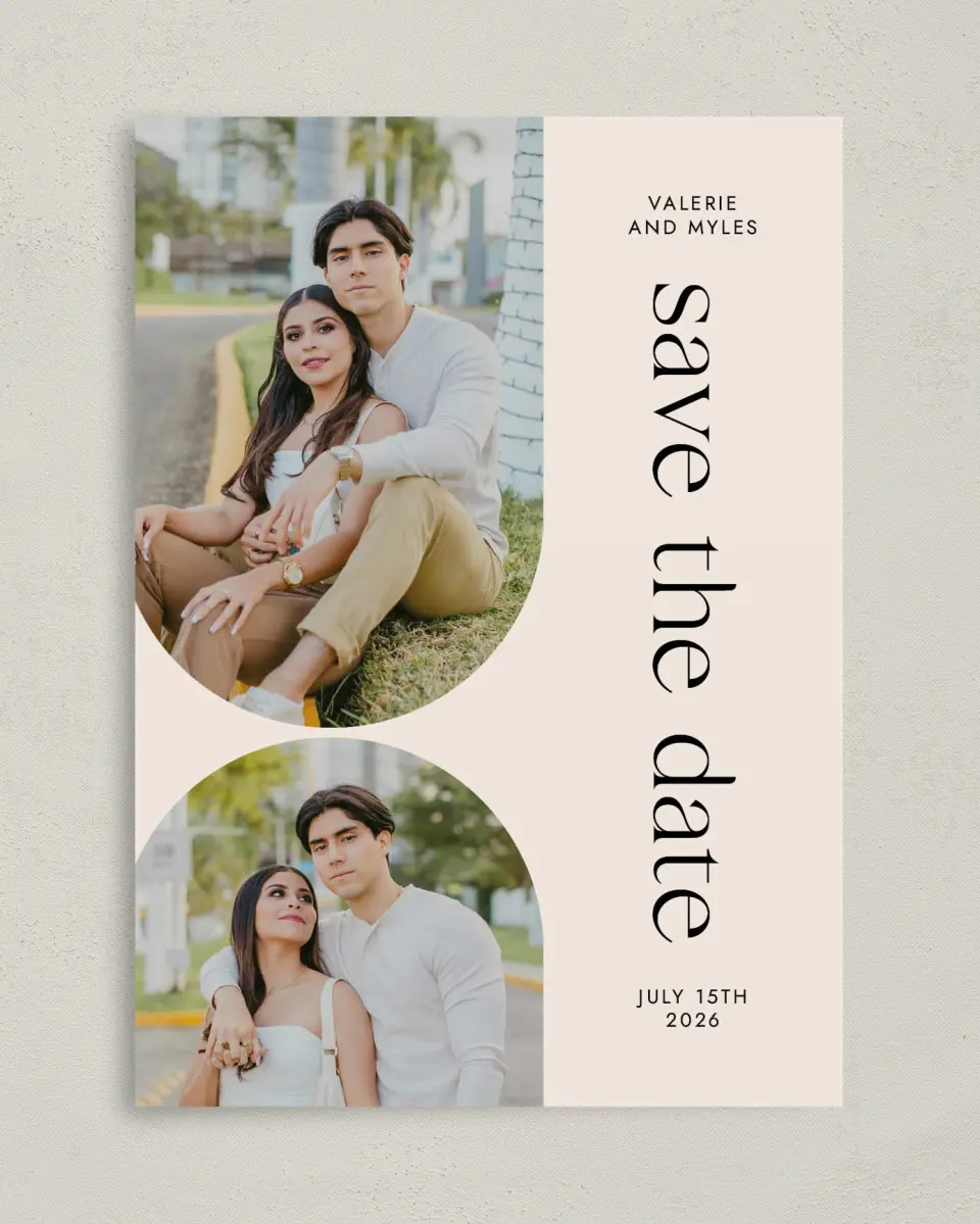 This is a 5" x 7" Save the Date Card called Spotless Curve printed in full color on Premium Smooth paper