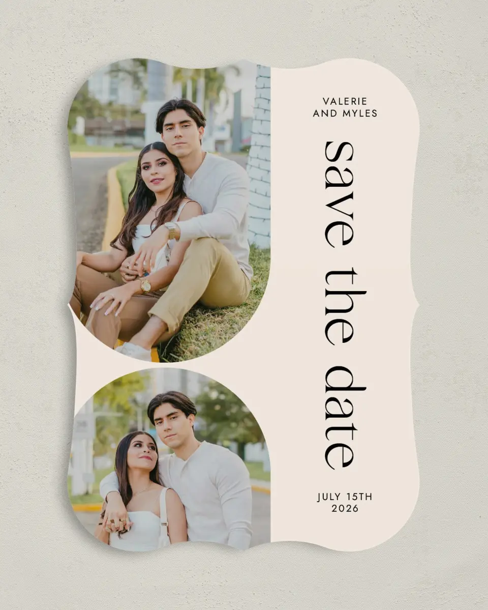 This is a 5" x 7" Save the Date Card called Spotless Curve printed in full color on Premium Smooth paper