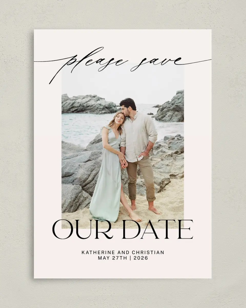 This is a 5" x 7" Save the Date Card called Connected Couple printed in full color on Premium Smooth paper