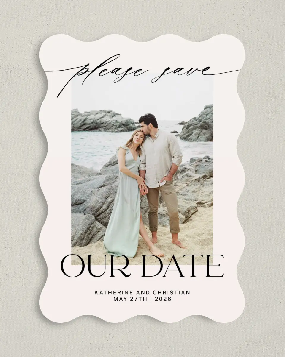 This is a 5" x 7" Save the Date Card called Connected Couple printed in full color on Premium Smooth paper