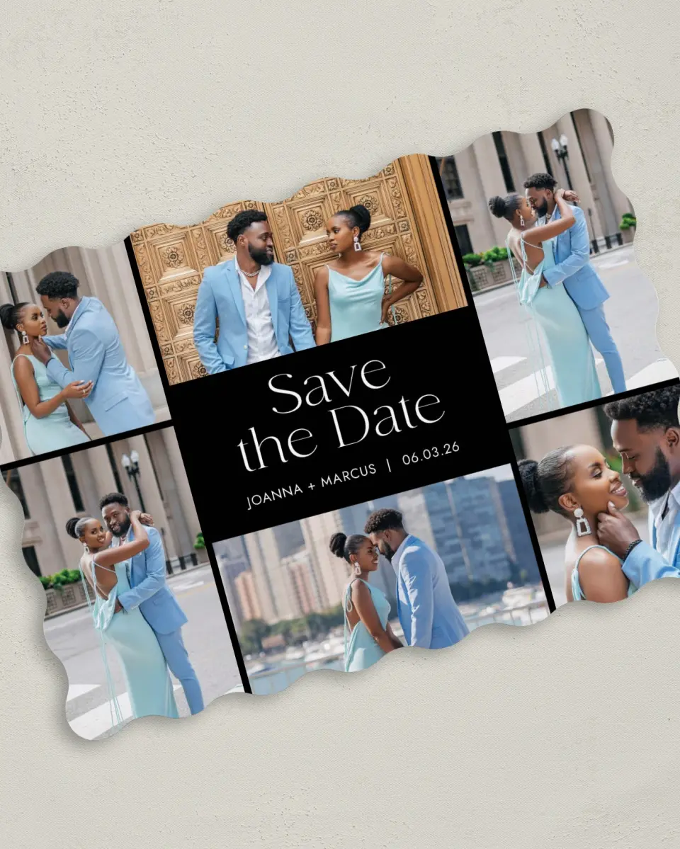 This is a 5" x 7" Save the Date Card called Artful Abundance printed in full color on Premium Smooth paper