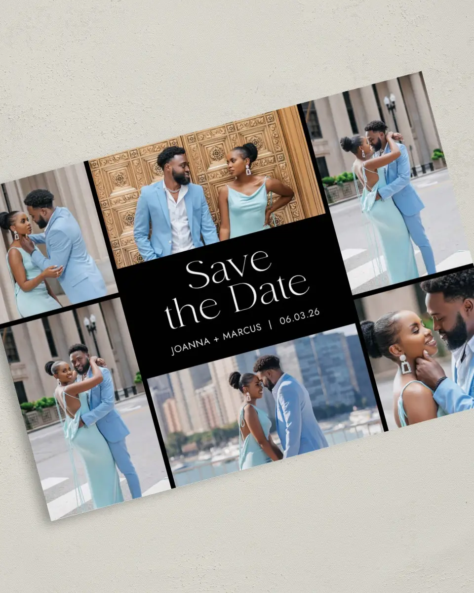 This is a 5" x 7" Save the Date Card called Artful Abundance printed in full color on Premium Smooth paper