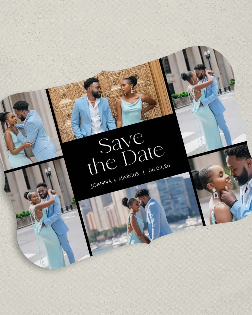 This is a 5" x 7" Save the Date Card called Artful Abundance printed in full color on Premium Smooth paper