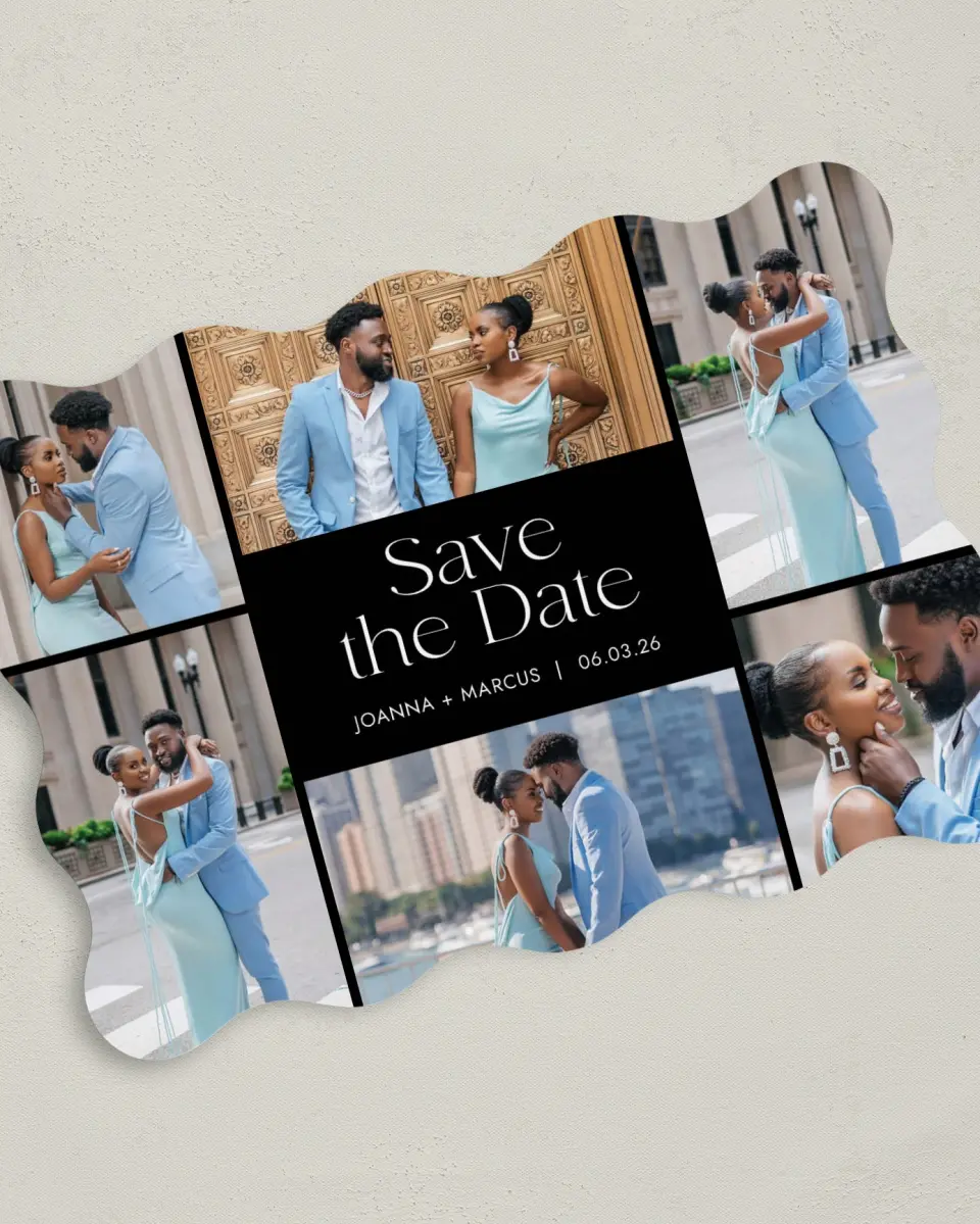 This is a 5" x 7" Save the Date Card called Artful Abundance printed in full color on Premium Smooth paper