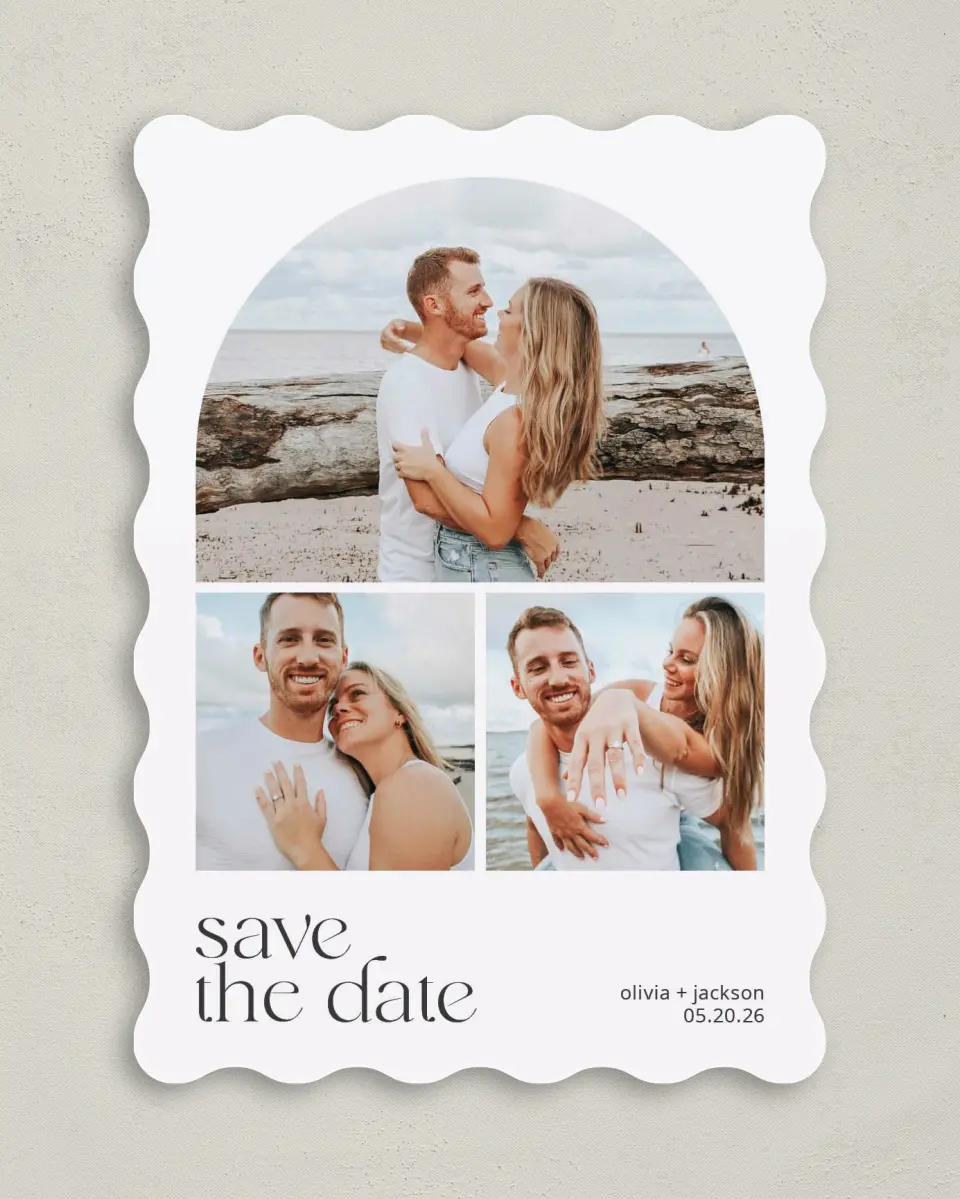 This is a 5" x 7" Save the Date Card called Cheerful Curve printed in full color on Premium Smooth paper