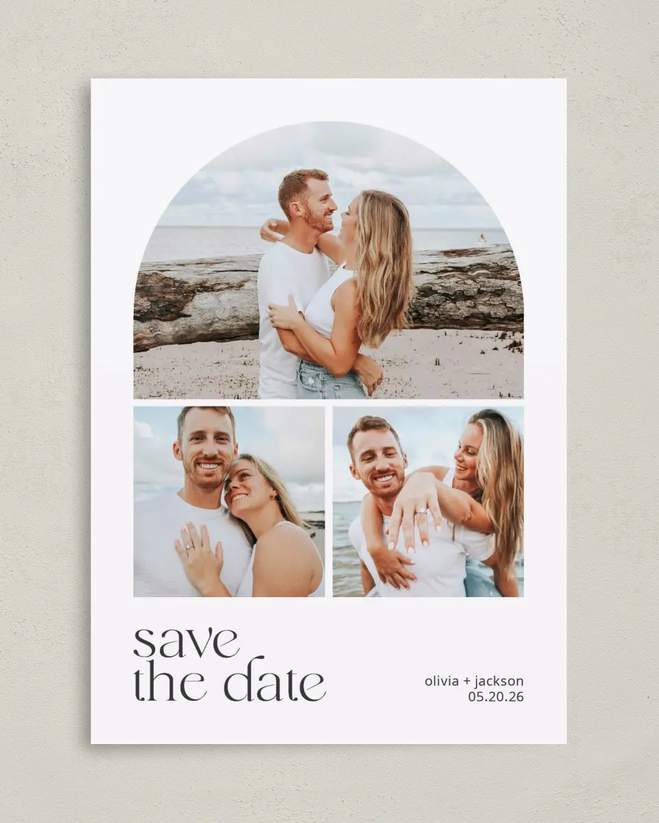 This is a 5" x 7" Save the Date Card called Cheerful Curve printed in full color on Premium Smooth paper