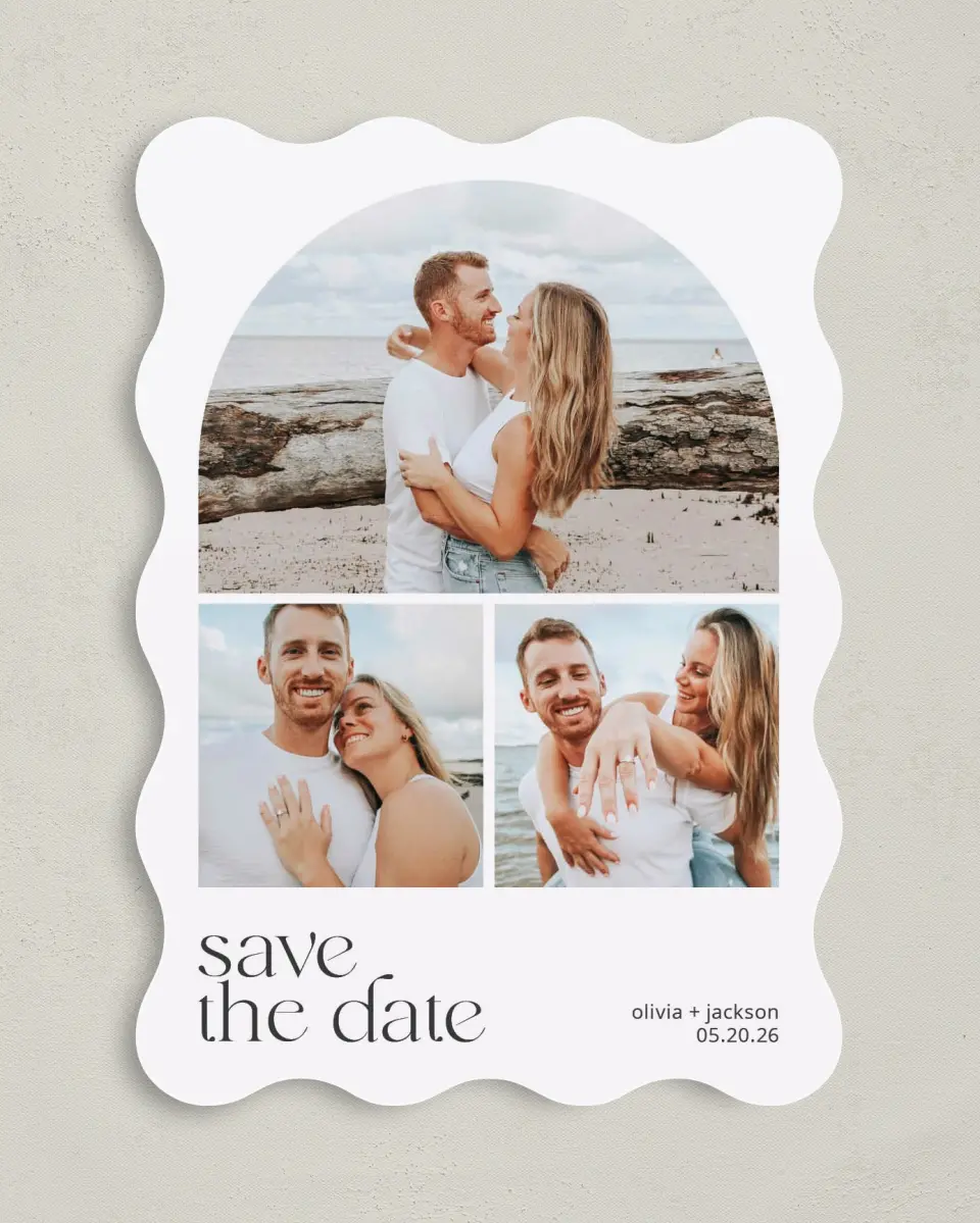 This is a 5" x 7" Save the Date Card called Cheerful Curve printed in full color on Premium Smooth paper