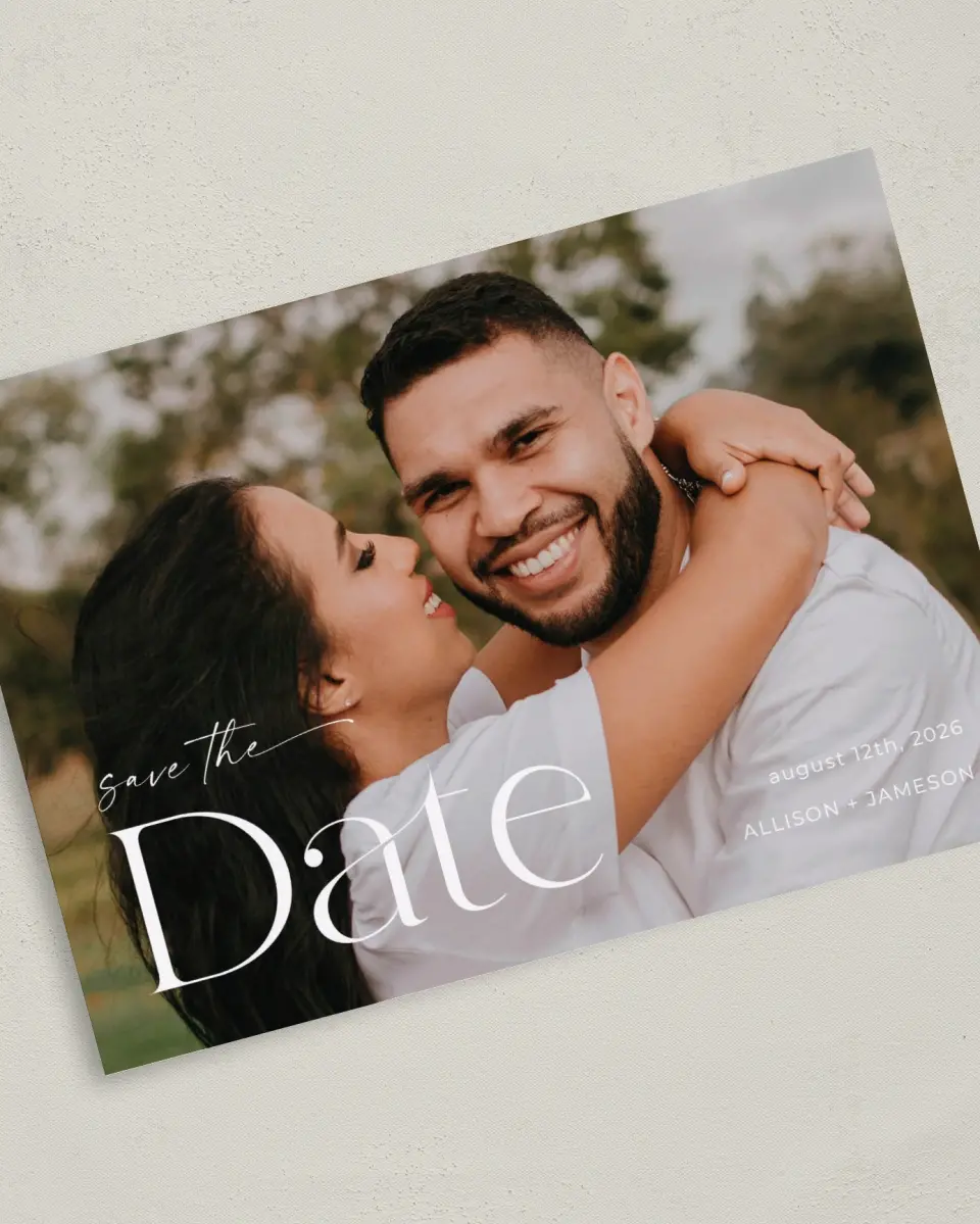 This is a 5" x 7" Save the Date Card called Grand Date printed in full color on Premium Smooth paper