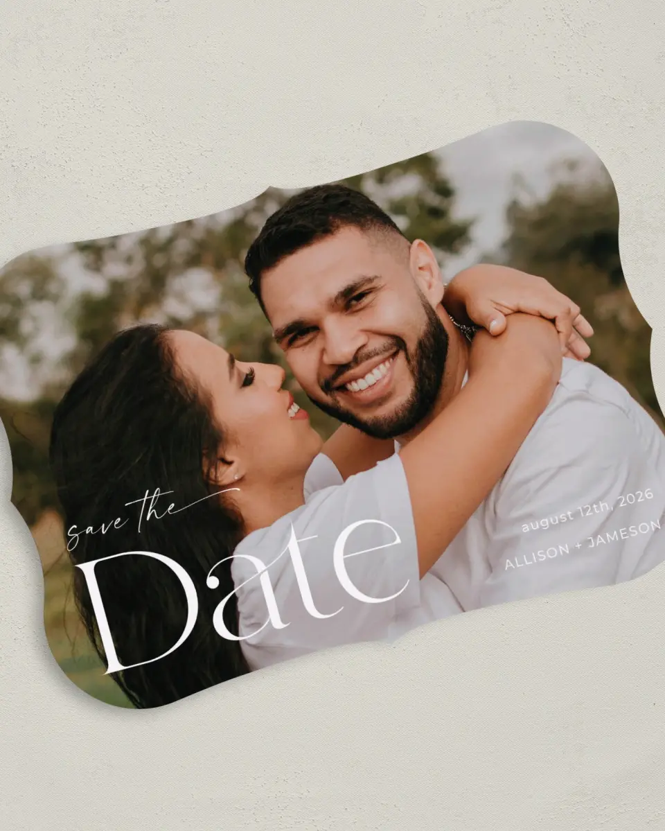 This is a 5" x 7" Save the Date Card called Grand Date printed in full color on Premium Smooth paper
