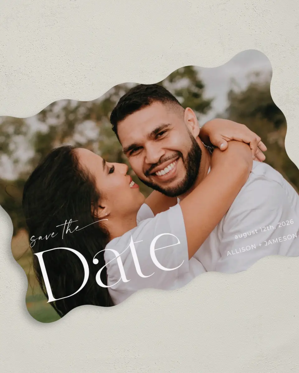This is a 5" x 7" Save the Date Card called Grand Date printed in full color on Premium Smooth paper