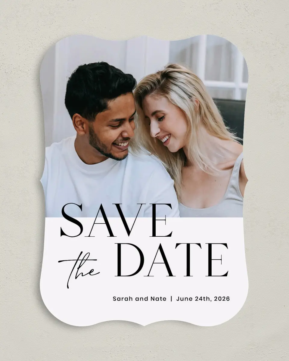 This is a 5" x 7" Save the Date Card called Alluring Type printed in full color on Premium Smooth paper