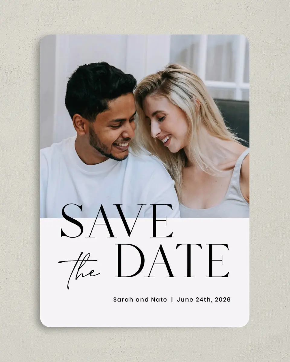 This is a 5" x 7" Save the Date Card called Alluring Type printed in full color with Silver foil on Luxe Satin (coated) paper
